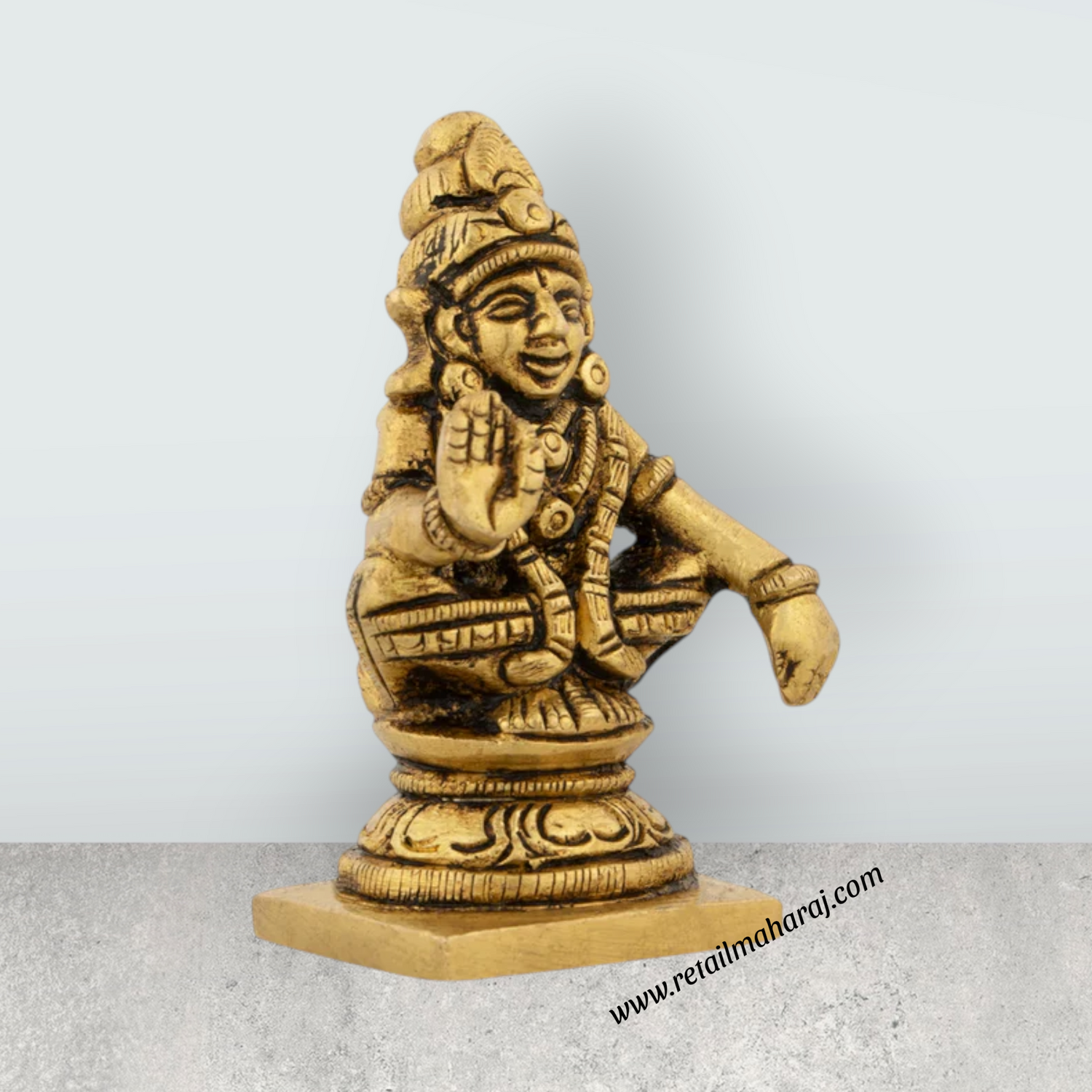 Ayyappan Statue Sitting On Base - 2.5 x 1.5 Inches | Antique Brass Idol/ Ayyappa Idol for Pooja - Retail Maharaj