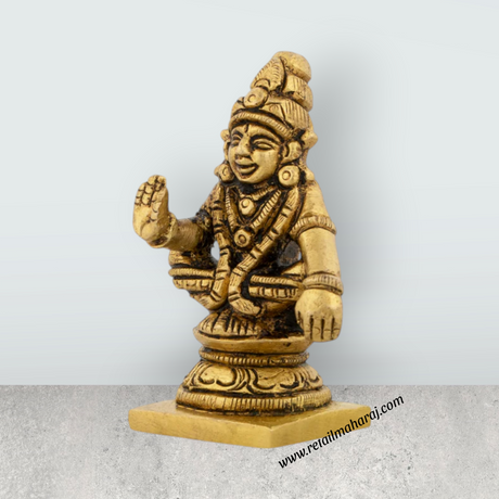Ayyappan Statue Sitting On Base - 2.5 x 1.5 Inches | Antique Brass Idol/ Ayyappa Idol for Pooja - Retail Maharaj