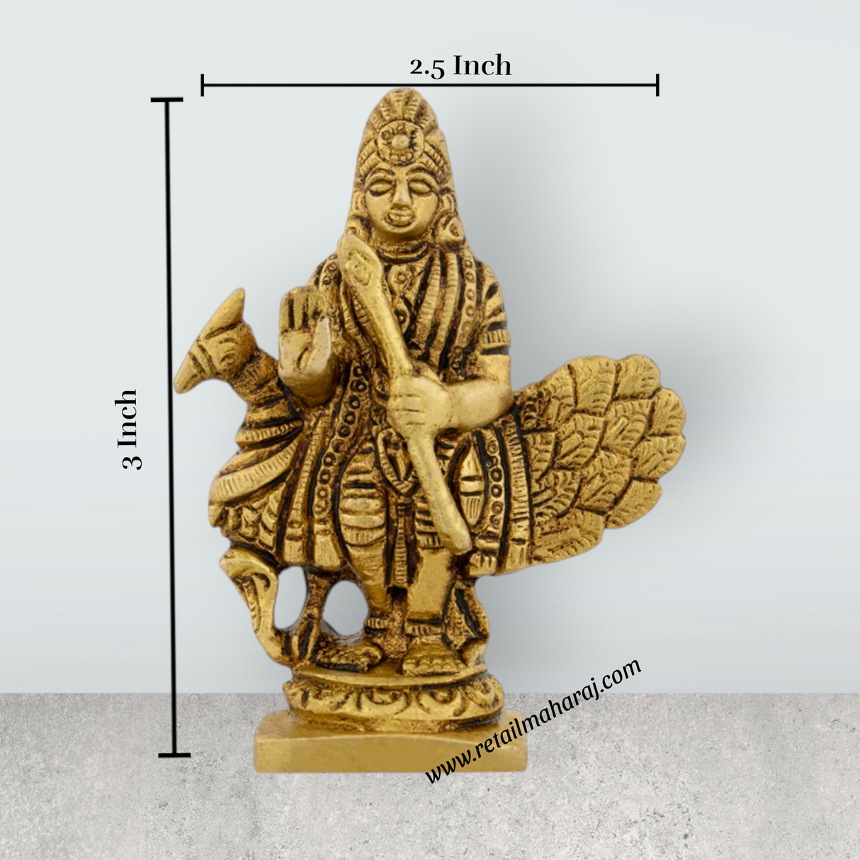 Murugan Statue With Peacock - 3 x 2.5 Inches | Antique Brass Idol/ Kartikeya Statue Standing On Base for Pooja - Retail Maharaj