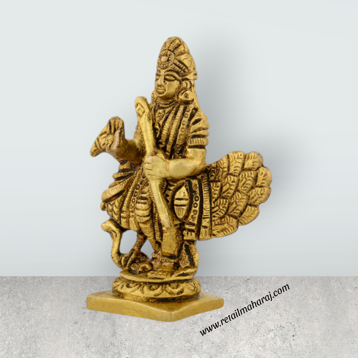 Murugan Statue With Peacock - 3 x 2.5 Inches | Antique Brass Idol/ Kartikeya Statue Standing On Base for Pooja - Retail Maharaj