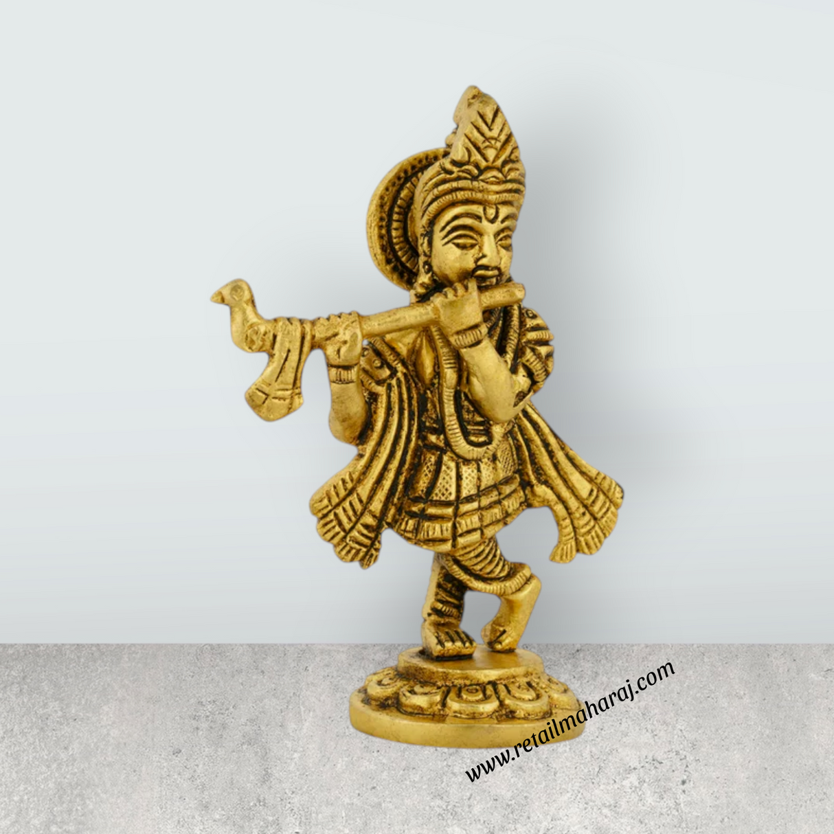 Flute Krishna Murti Standing On Base - 4 x 2.5 Inches | Antique Brass Idol/ Krishna Idol for Pooja - Retail Maharaj