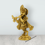Flute Krishna Murti Standing On Base - 4 x 2.5 Inches | Antique Brass Idol/ Krishna Idol for Pooja - Retail Maharaj