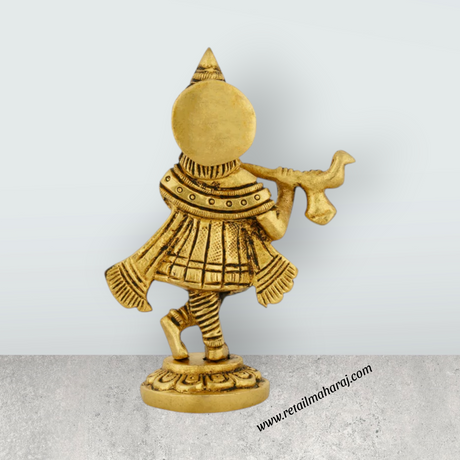 Flute Krishna Murti Standing On Base - 4 x 2.5 Inches | Antique Brass Idol/ Krishna Idol for Pooja - Retail Maharaj