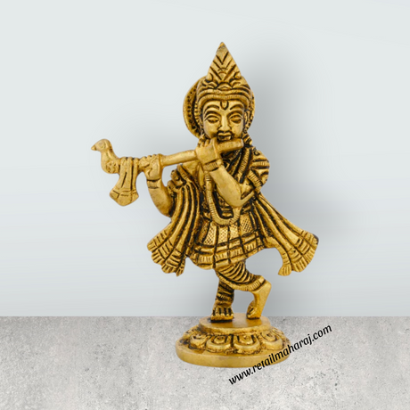 Flute Krishna Murti Standing On Base - 4 x 2.5 Inches | Antique Brass Idol/ Krishna Idol for Pooja - Retail Maharaj