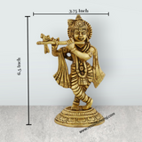 Krishna Murti Standing On Base - 6.5 x 3.75 Inches | Antique Brass Idol/ Krishna Statue On Base for Pooja