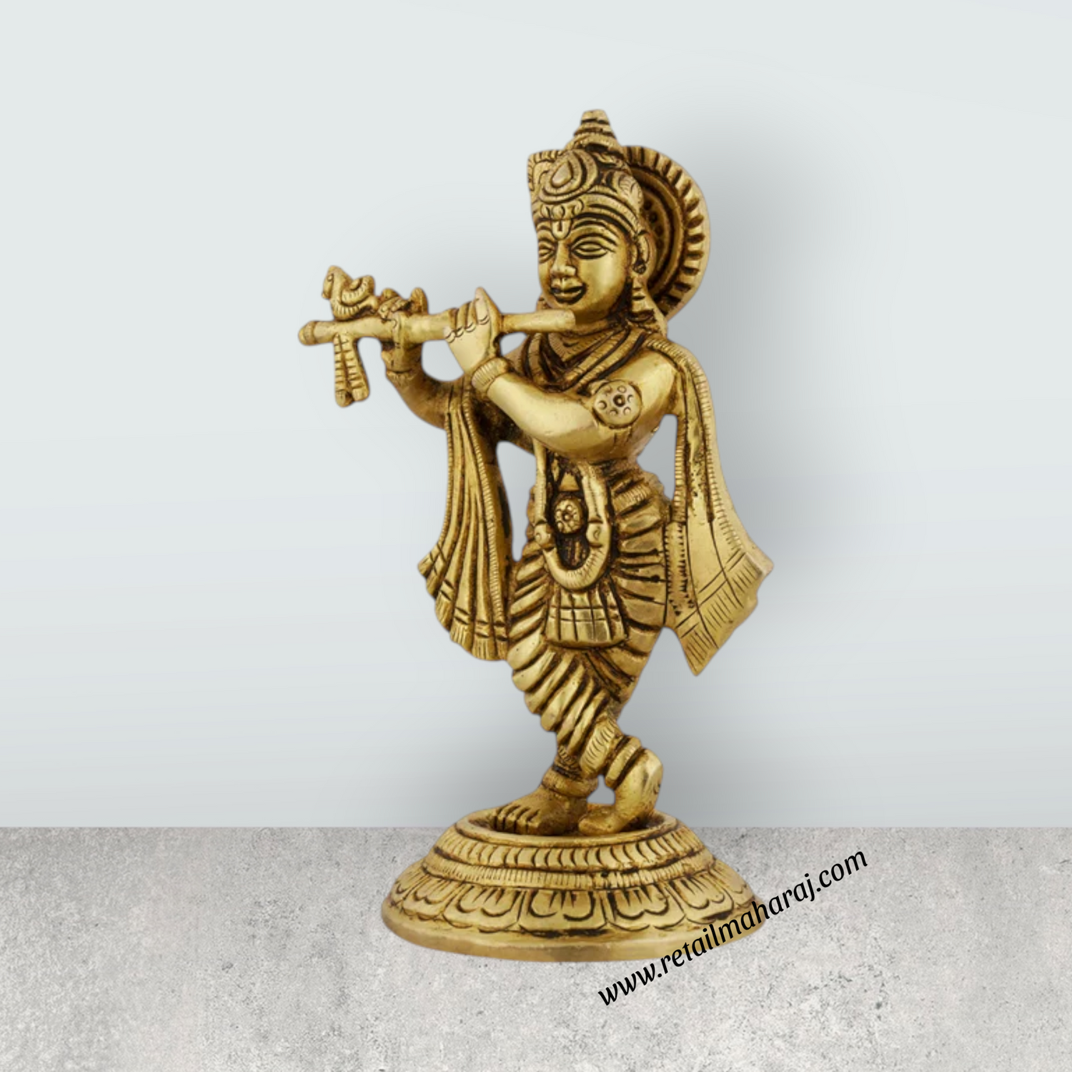 Krishna Murti Standing On Base - 6.5 x 3.75 Inches | Antique Brass Idol/ Krishna Statue On Base for Pooja