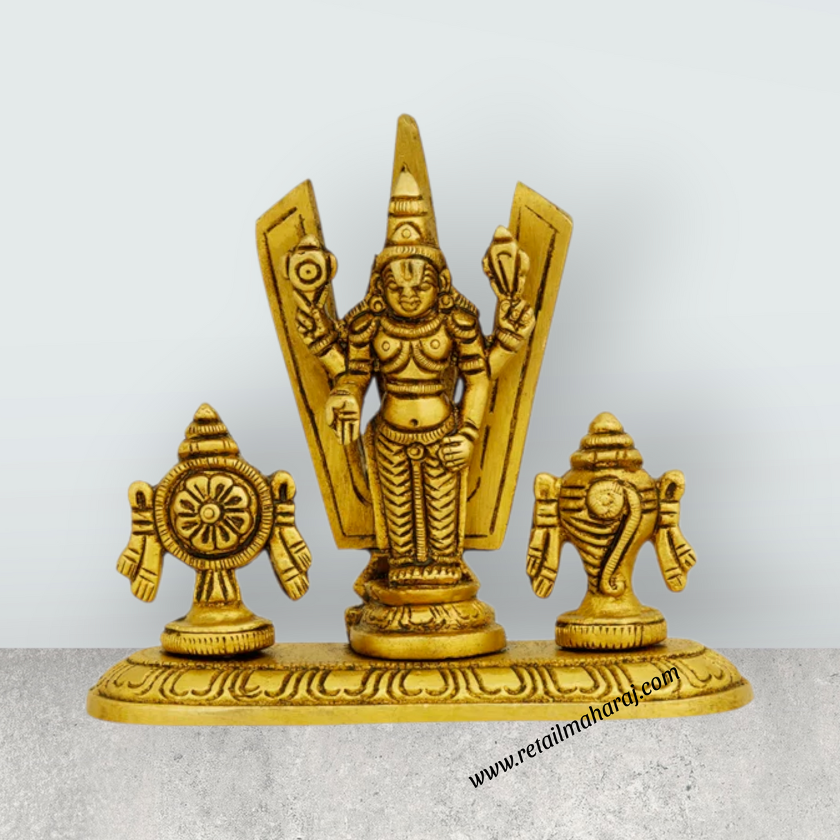 Balaji Shankh Chakra With Namam - 3.5 x 4 Inches | Antique Brass Idol/ Vishnu Murti With Base for Worship