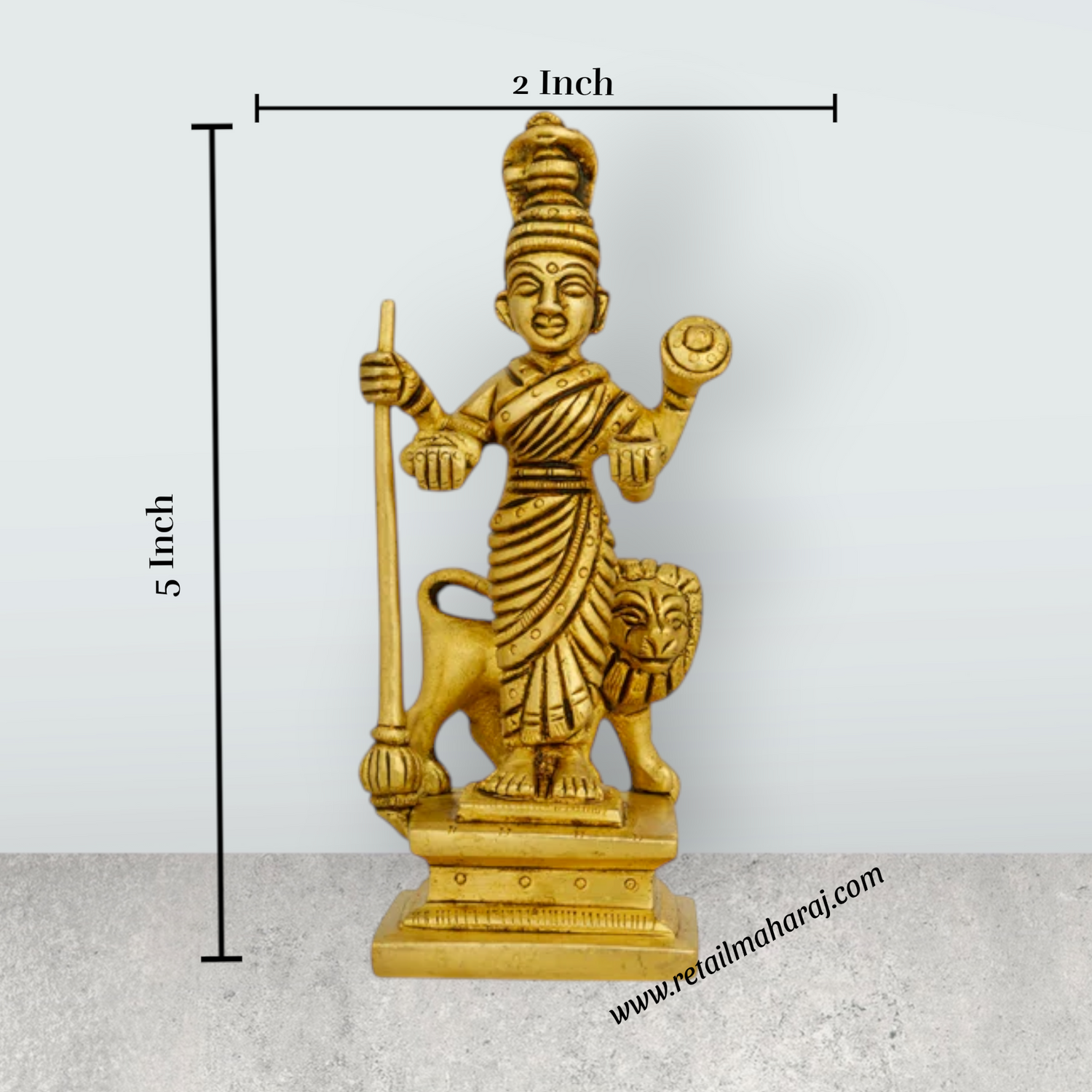 Mahalakshmi Idol Standing On Base – Antique Brass Laxmi Idol with Lion for Worship (5 x 2 Inches) - Retail Maharaj