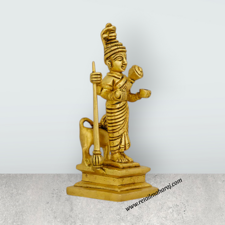 Mahalakshmi Idol Standing On Base – Antique Brass Laxmi Idol with Lion for Worship (5 x 2 Inches) - Retail Maharaj