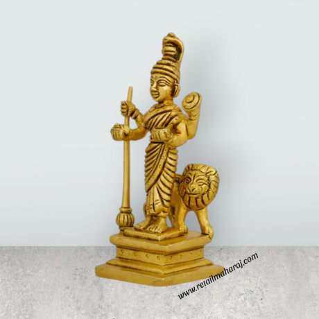 Mahalakshmi Idol Standing On Base – Antique Brass Laxmi Idol with Lion for Worship (5 x 2 Inches) - Retail Maharaj