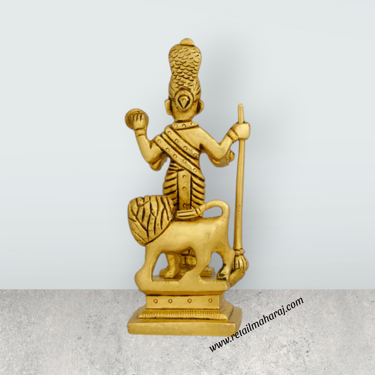 Mahalakshmi Idol Standing On Base – Antique Brass Laxmi Idol with Lion for Worship (5 x 2 Inches) - Retail Maharaj