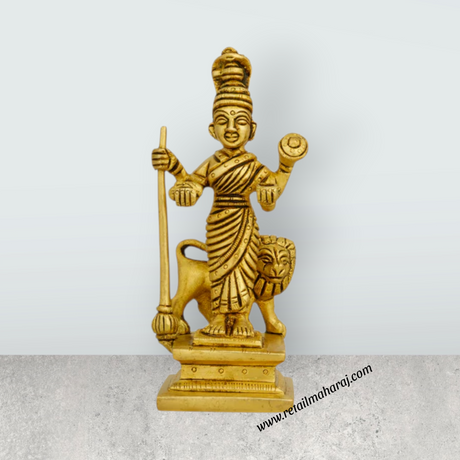Mahalakshmi Idol Standing On Base – Antique Brass Laxmi Idol with Lion for Worship (5 x 2 Inches) - Retail Maharaj