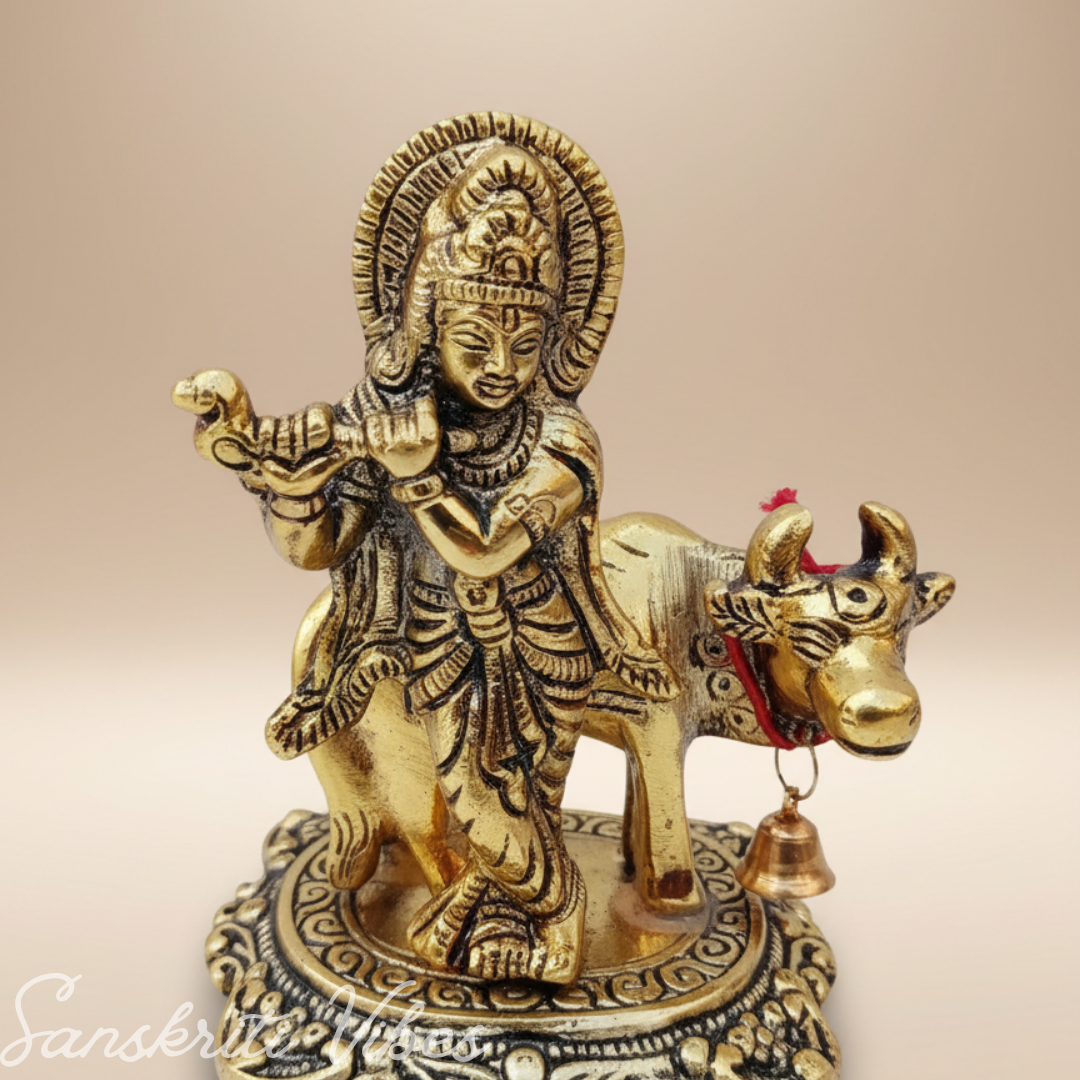 Kamdhenu Cow with Krishna Idol – Metal Decorative Statue for Pooja & Home Temple by Sanskriti Vibes | Glossy Finish - Retail Maharaj