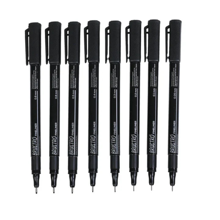 Brustro Professional Pigment Fineliner Set of 8 Black Ink for Technical Drawing - Retail Maharaj