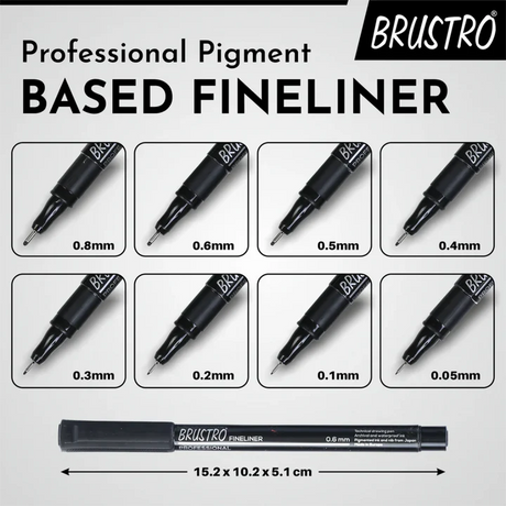 Brustro Professional Pigment Fineliner Set of 8 Black Ink for Technical Drawing - Retail Maharaj