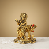 Kamdhenu Cow with Krishna Idol – Metal Decorative Statue for Pooja & Home Temple by Sanskriti Vibes | Glossy Finish - Retail Maharaj