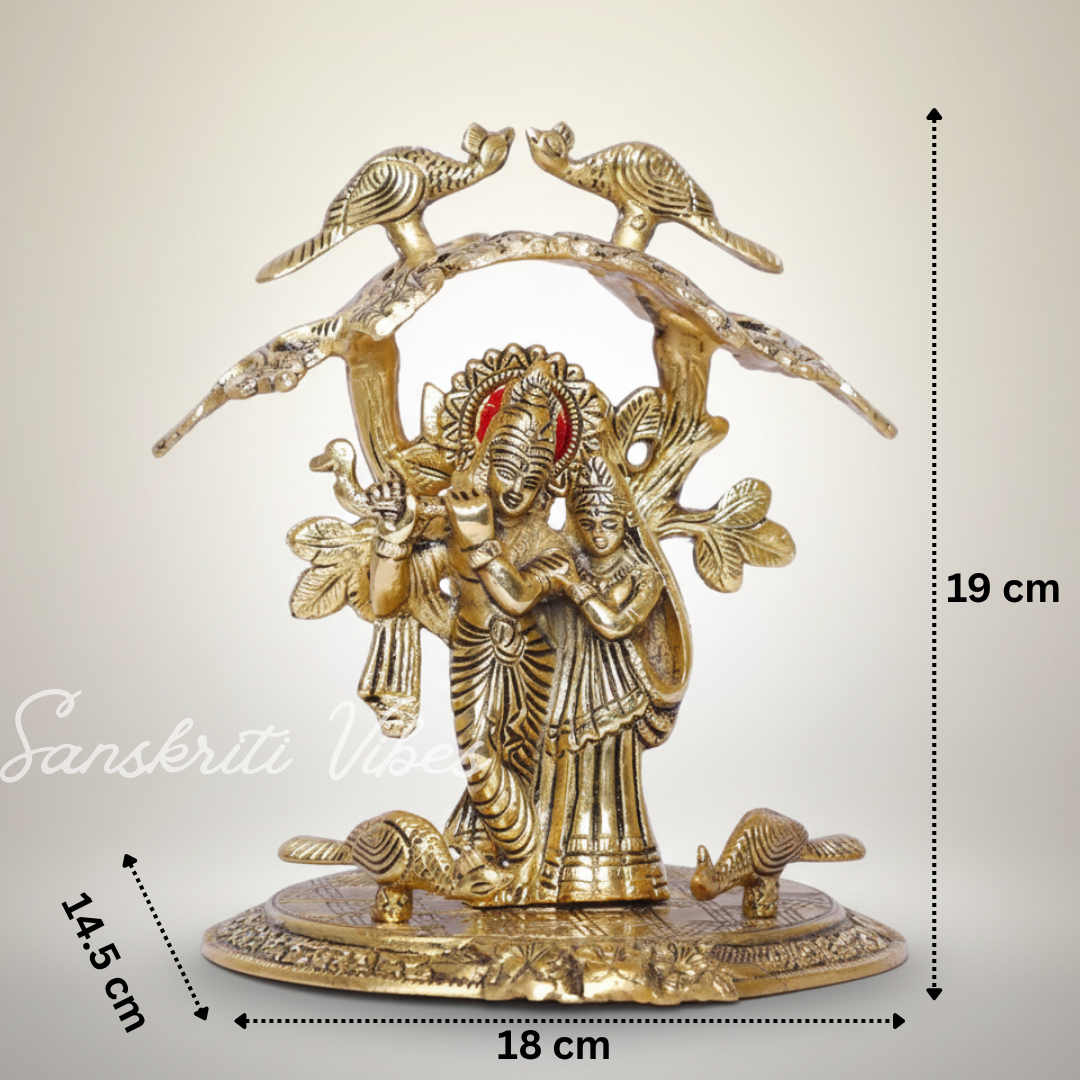 Radha Krishna Standing Playing Flute Under Tree – Metal Idol Statue with Gold Antique Finish by Sanskriti Vibes | Pooja & Home Decor - Retail Maharaj