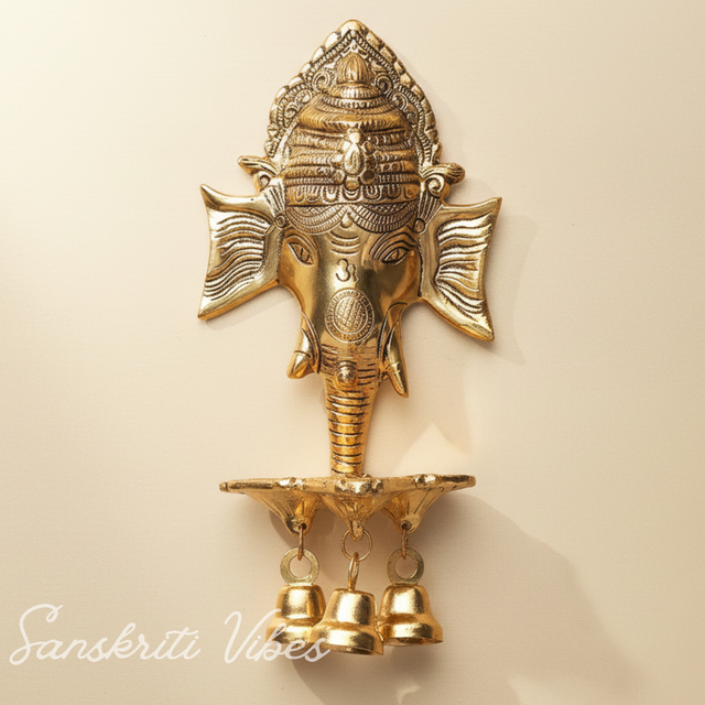 Metal Ganesha Wall Hanging with Diya & Three Bells – Gold Plated Aluminium Ganesh Diya for Home Decor, Temple & Auspicious Lighting (Glossy Finish, Made in India) - Retail Maharaj