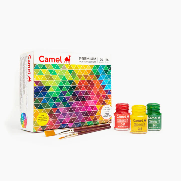 Camel Premium Poster Colours Assorted Pack of 20 Shades in 15ml with Brushes - Retail Maharaj
