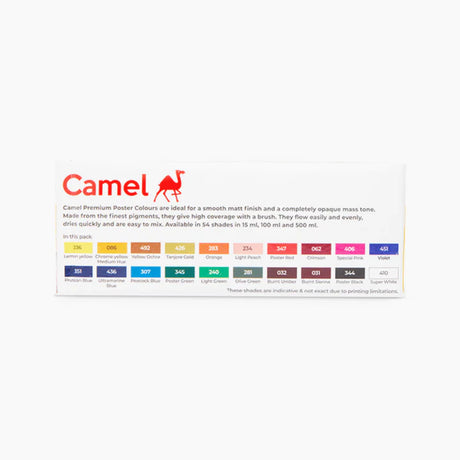 Camel Premium Poster Colours Assorted Pack of 20 Shades in 15ml with Brushes - Retail Maharaj