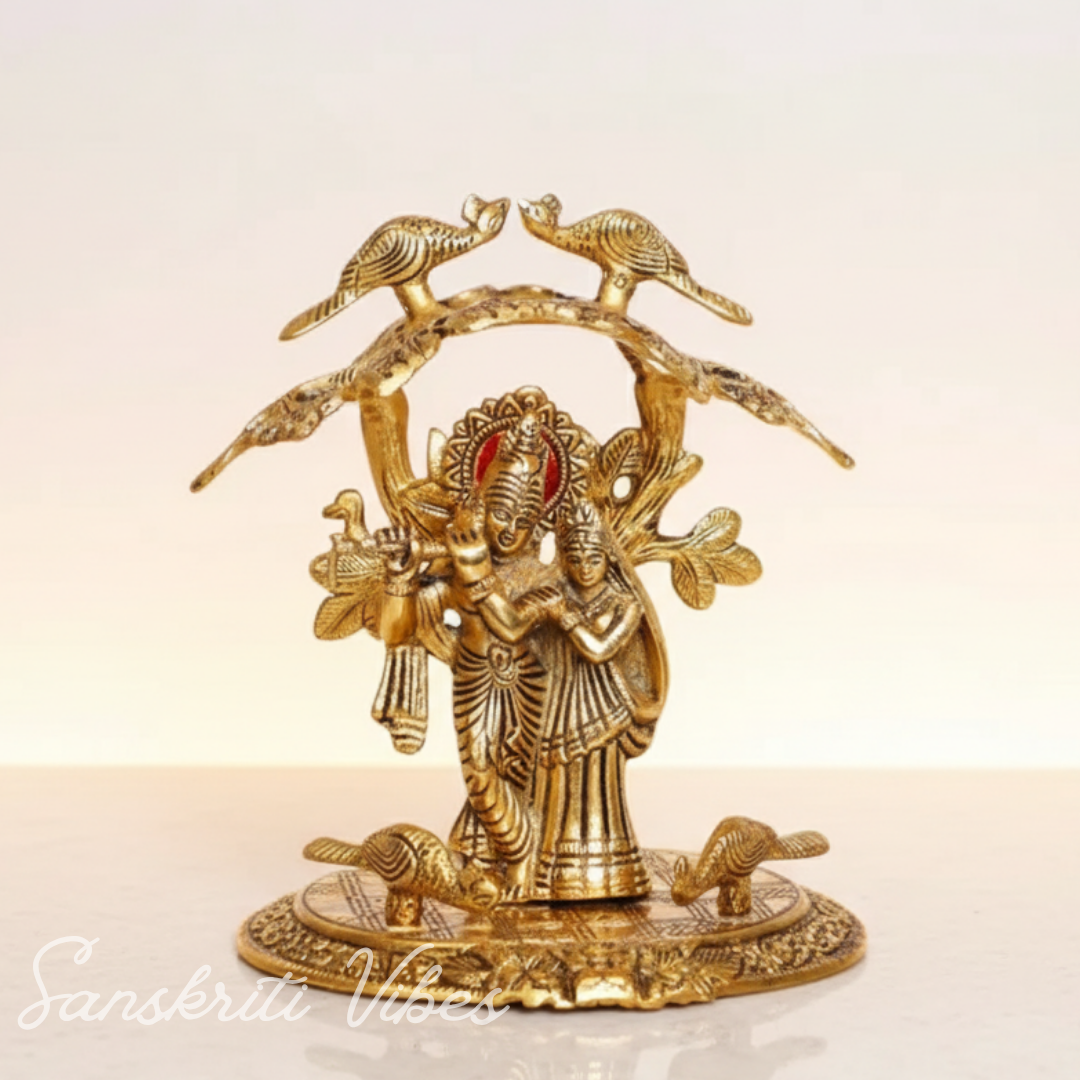 Radha Krishna Standing Playing Flute Under Tree – Metal Idol Statue with Gold Antique Finish by Sanskriti Vibes | Pooja & Home Decor - Retail Maharaj