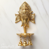 Metal Ganesha Wall Hanging with Diya & Three Bells – Gold Plated Aluminium Ganesh Diya for Home Decor, Temple & Auspicious Lighting (Glossy Finish, Made in India) - Retail Maharaj