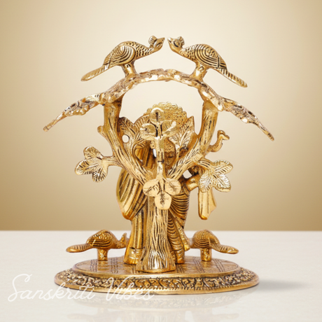 Radha Krishna Standing Playing Flute Under Tree – Metal Idol Statue with Gold Antique Finish by Sanskriti Vibes | Pooja & Home Decor - Retail Maharaj