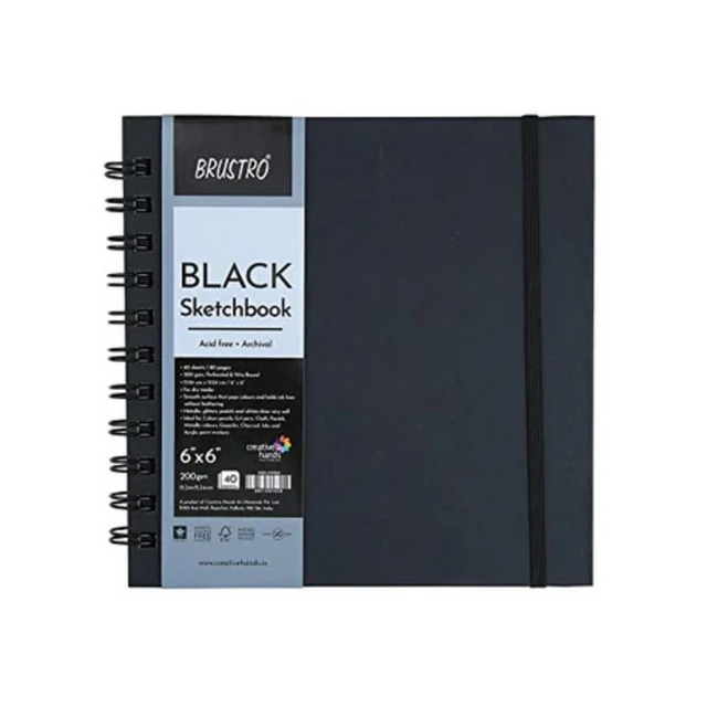 Brustro 6 x 6 Inch Black Paper Sketchbook Wiro Bound 200 GSM 40 Sheets - Retail Maharaj