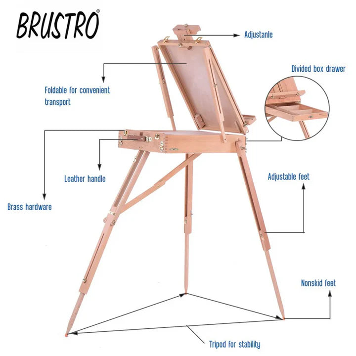 Brustro Artists' Studio Portable Wooden Box Easel – Beechwood, Telescopic Legs, Large Storage - Retail Maharaj