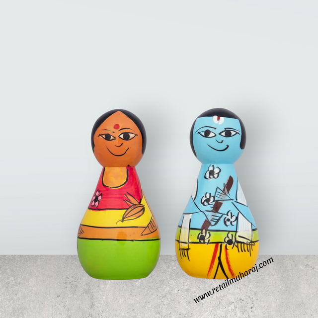 Radha Krishna Murti Pair - 4 x 2 Inches | 2 Pcs/ Wood Sculpture/ Painted Wooden Statue for Home - Retail Maharaj