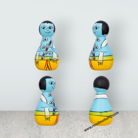 Radha Krishna Murti Pair - 4 x 2 Inches | 2 Pcs/ Wood Sculpture/ Painted Wooden Statue for Home - Retail Maharaj