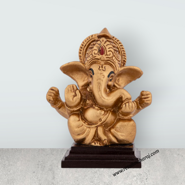 Ganesh Murti With Base - 3 x 2.5 Inches | Resin Ganpati Murti / Sitting Vinayaka Statue for Pooja - Retail Maharaj