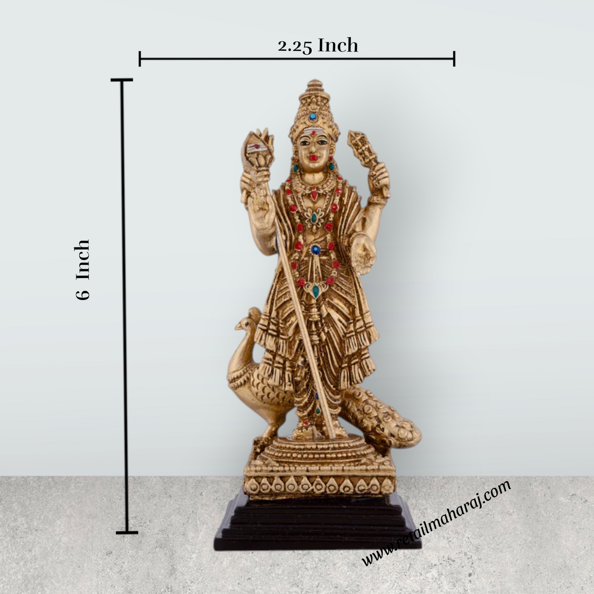 Murugan Statue With Peacock - 6 x 2.25 Inches | Resin Statue/ Standing Murugan Silai With Base for Pooja - Retail Maharaj