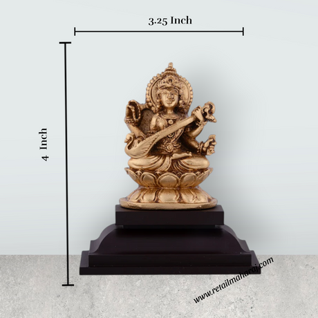 Saraswati Murti Sitting On Lotus Flower - 4 x 3.25 Inches | Resin Statue/ Saraswathy Idol With Base for Pooja - Retail Maharaj