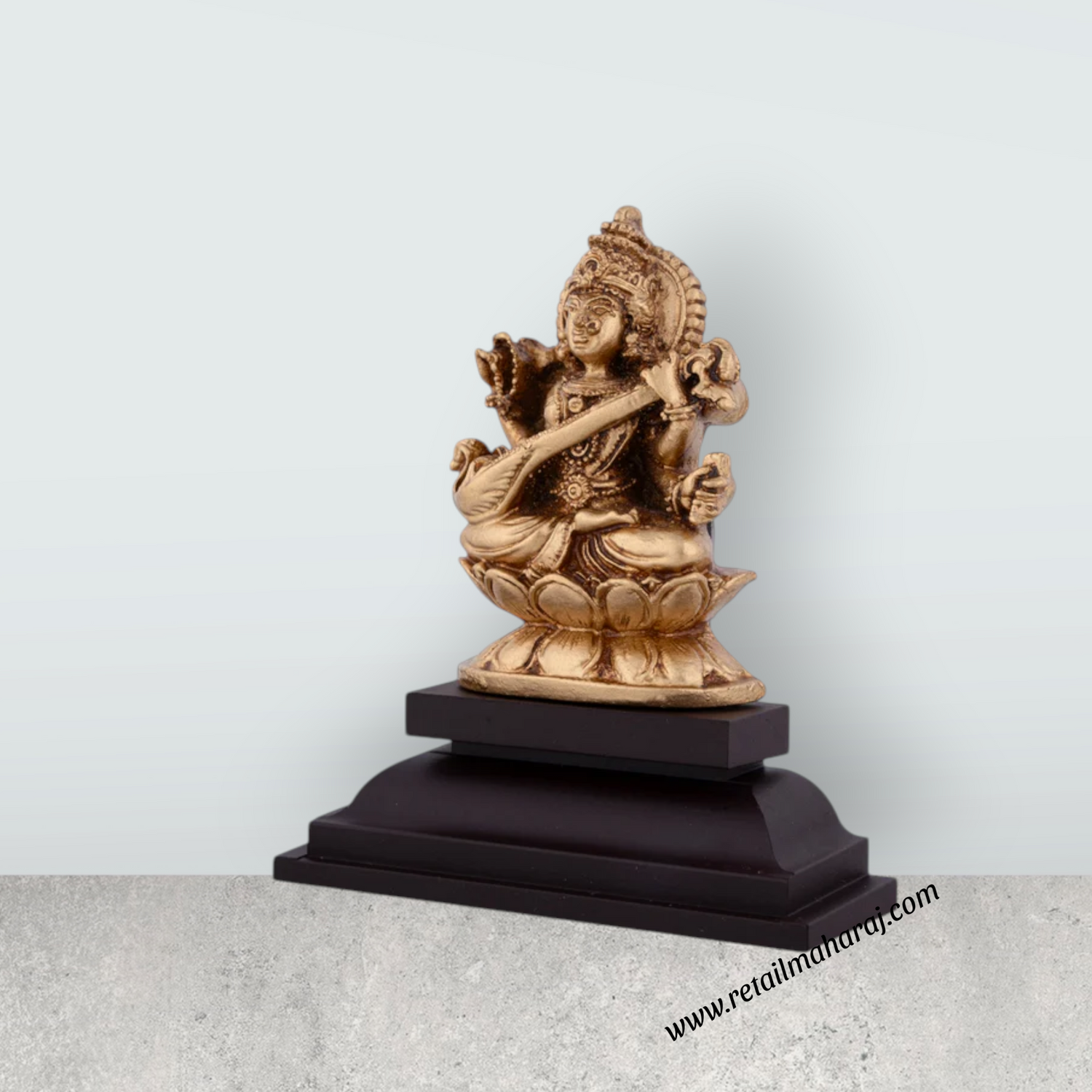 Saraswati Murti Sitting On Lotus Flower - 4 x 3.25 Inches | Resin Statue/ Saraswathy Idol With Base for Pooja - Retail Maharaj