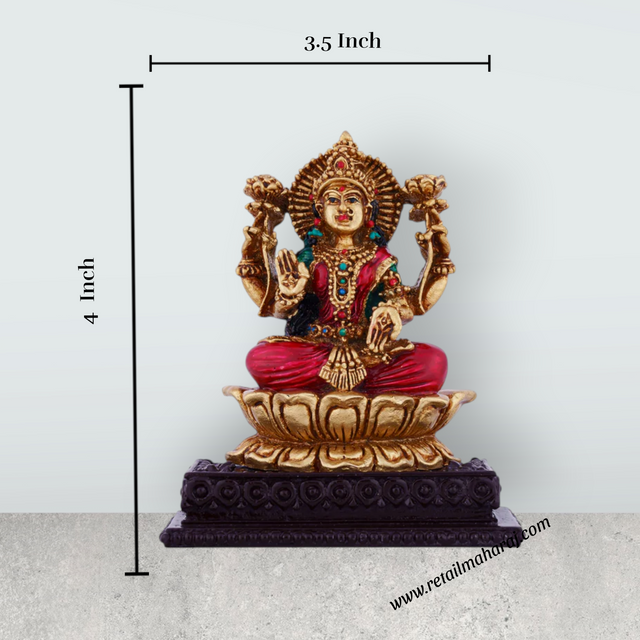 Lakshmi Idol Sitting On Lotus Flower - 4 x 3.5 Inches | Resin Statue/ Coloured Laxmi Idol for Pooja - Retail Maharaj