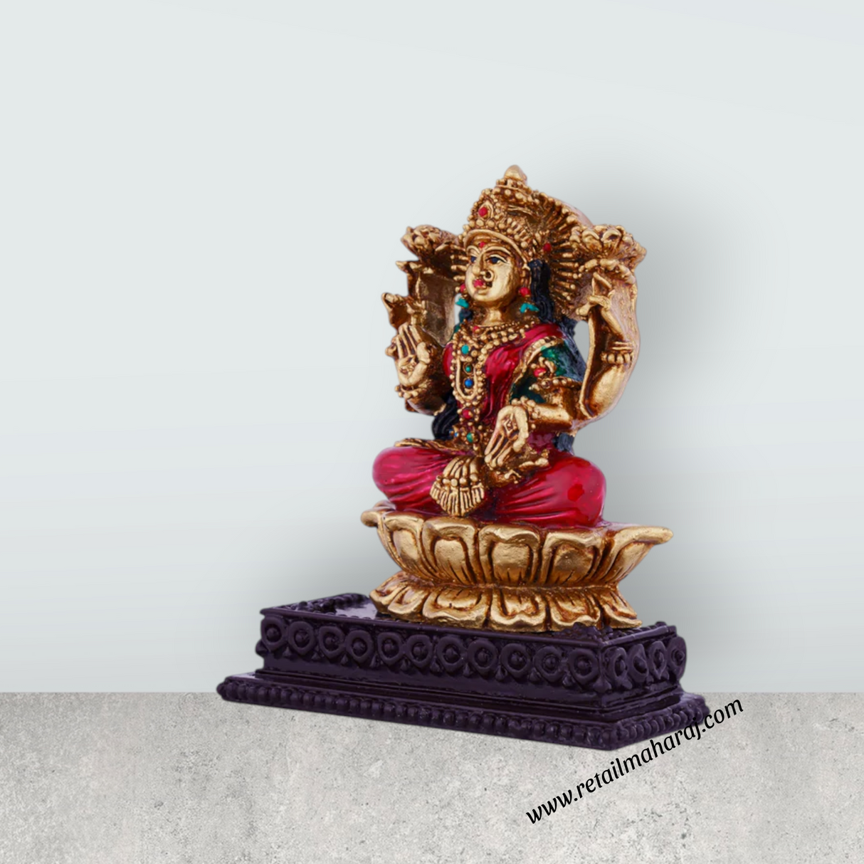 Lakshmi Idol Sitting On Lotus Flower - 4 x 3.5 Inches | Resin Statue/ Coloured Laxmi Idol for Pooja - Retail Maharaj