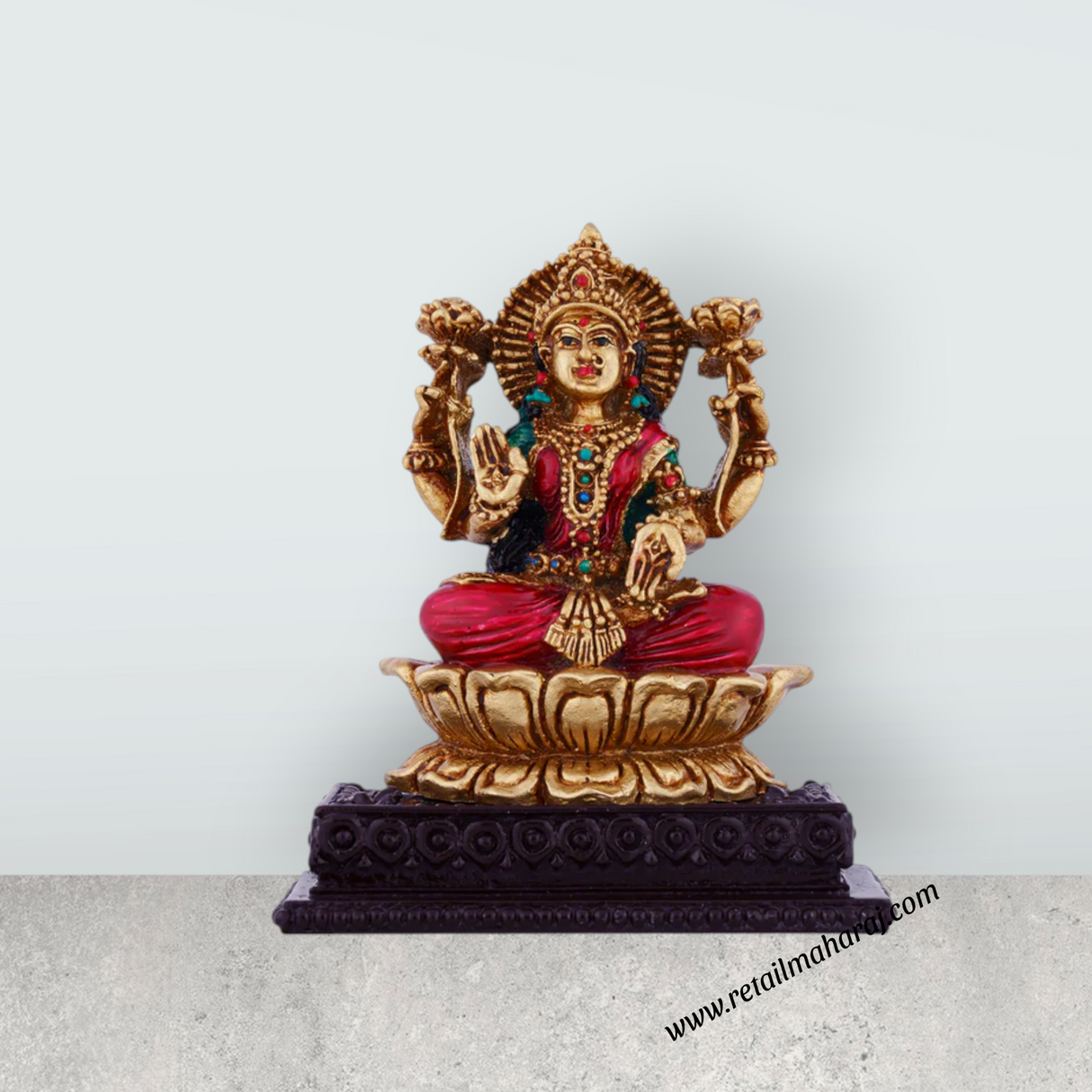 Lakshmi Idol Sitting On Lotus Flower - 4 x 3.5 Inches | Resin Statue/ Coloured Laxmi Idol for Pooja - Retail Maharaj
