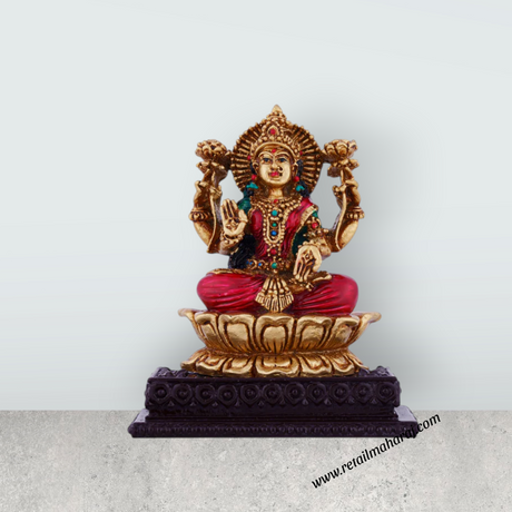Lakshmi Idol Sitting On Lotus Flower - 4 x 3.5 Inches | Resin Statue/ Coloured Laxmi Idol for Pooja - Retail Maharaj