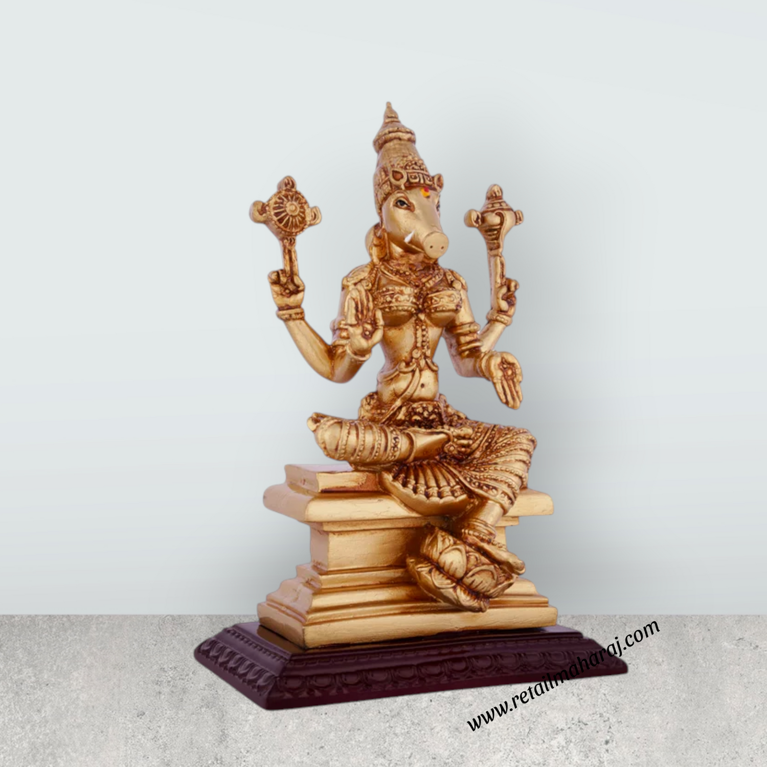 Varahi Amman Statue Sitting On Base - 7.5 x 5 Inches | Resin Gold Polish Varahi Idol for Pooja - Retail Maharaj