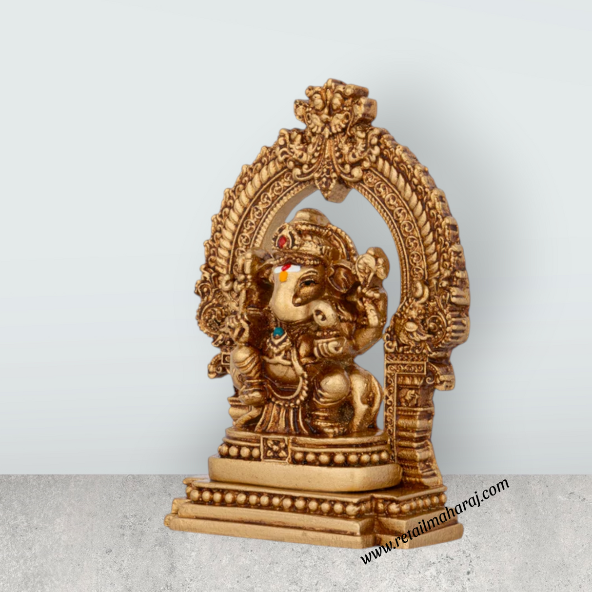 Ganesh Murti With Arch Sitting On Base - 4 x 2.5 Inches | Resin Vinayaka Statue for Pooja - Retail Maharaj