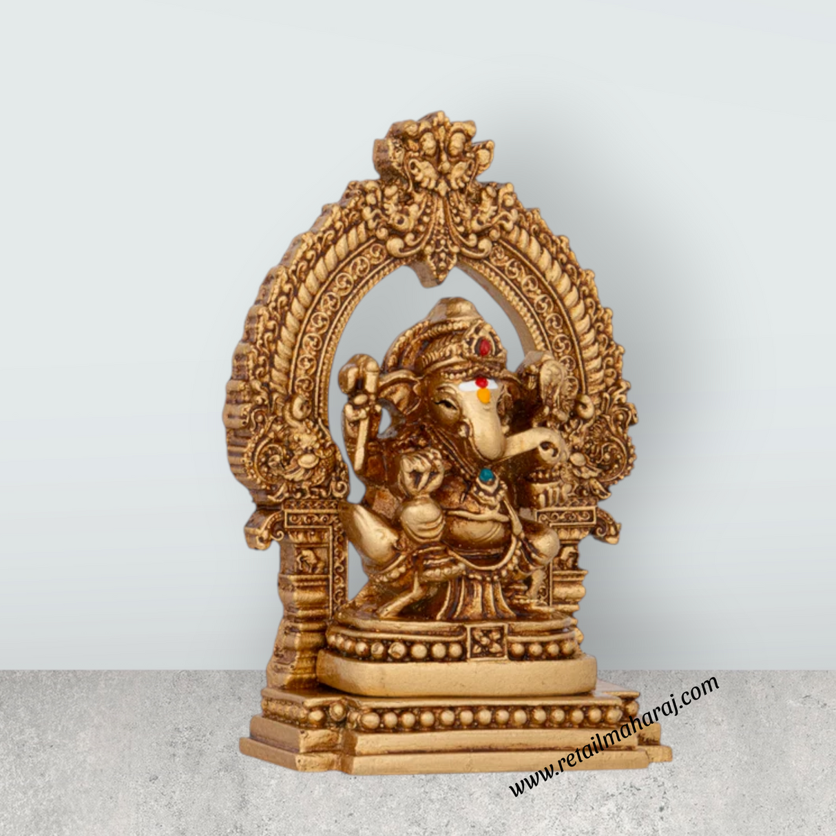 Ganesh Murti With Arch Sitting On Base - 4 x 2.5 Inches | Resin Vinayaka Statue for Pooja - Retail Maharaj