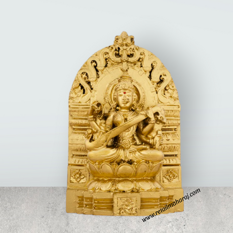 Saraswati Murti With Arch - 6 x 4 Inches | Resin Statue/ Gold Polish Saraswati Idol for Pooja/ 500 Gms Approx - Retail Maharaj