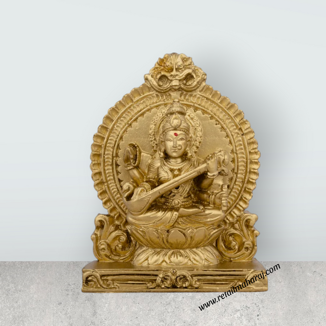 Saraswati Murti With Arch - 4.5 x 3.25 Inches | Resin Statue/ Gold Polish Saraswati Idol for Pooja - Retail Maharaj