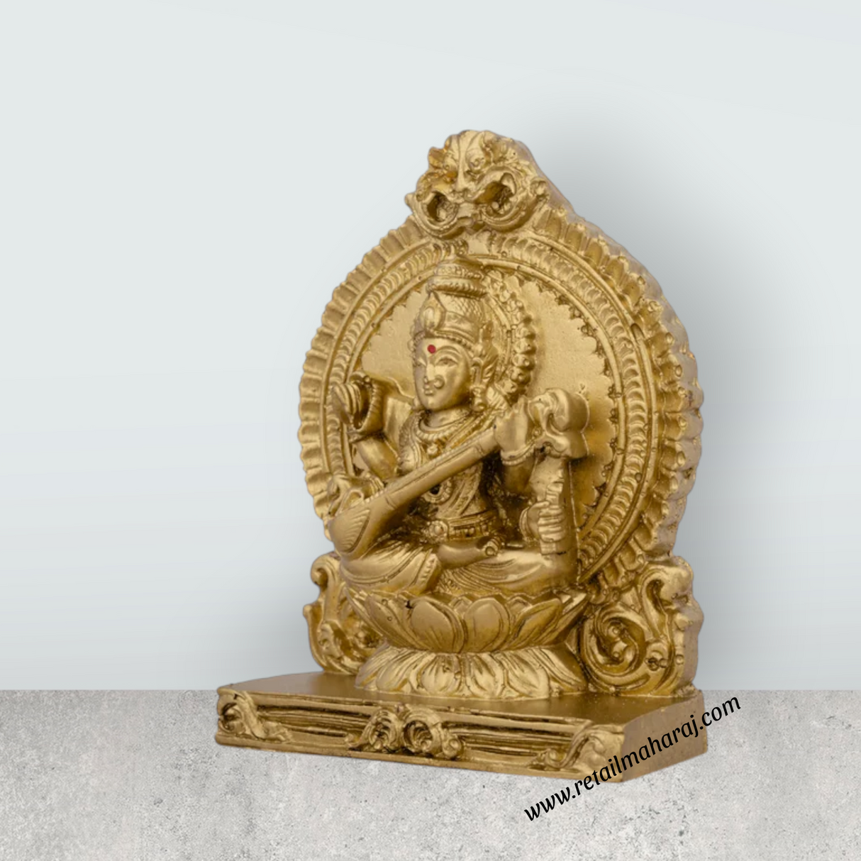 Saraswati Murti With Arch - 4.5 x 3.25 Inches | Resin Statue/ Gold Polish Saraswati Idol for Pooja - Retail Maharaj