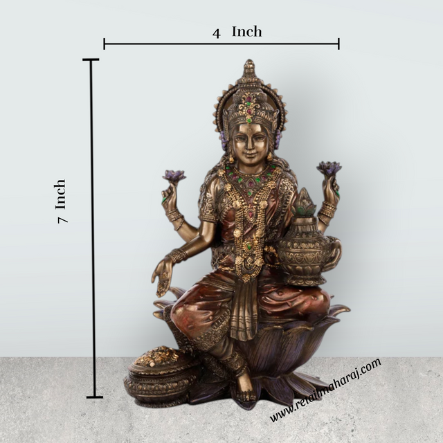 Lakshmi Idol Sitting On Lotus - 7 x 4 Inches | Resin Statue/ Laxmi Idol/ Lakshmi Murti for Pooja - Retail Maharaj