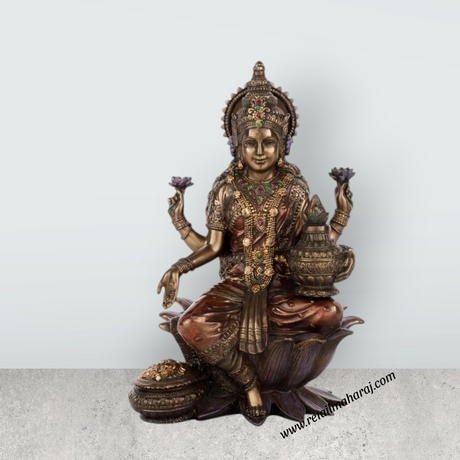 Lakshmi Idol Sitting On Lotus - 7 x 4 Inches | Resin Statue/ Laxmi Idol/ Lakshmi Murti for Pooja - Retail Maharaj