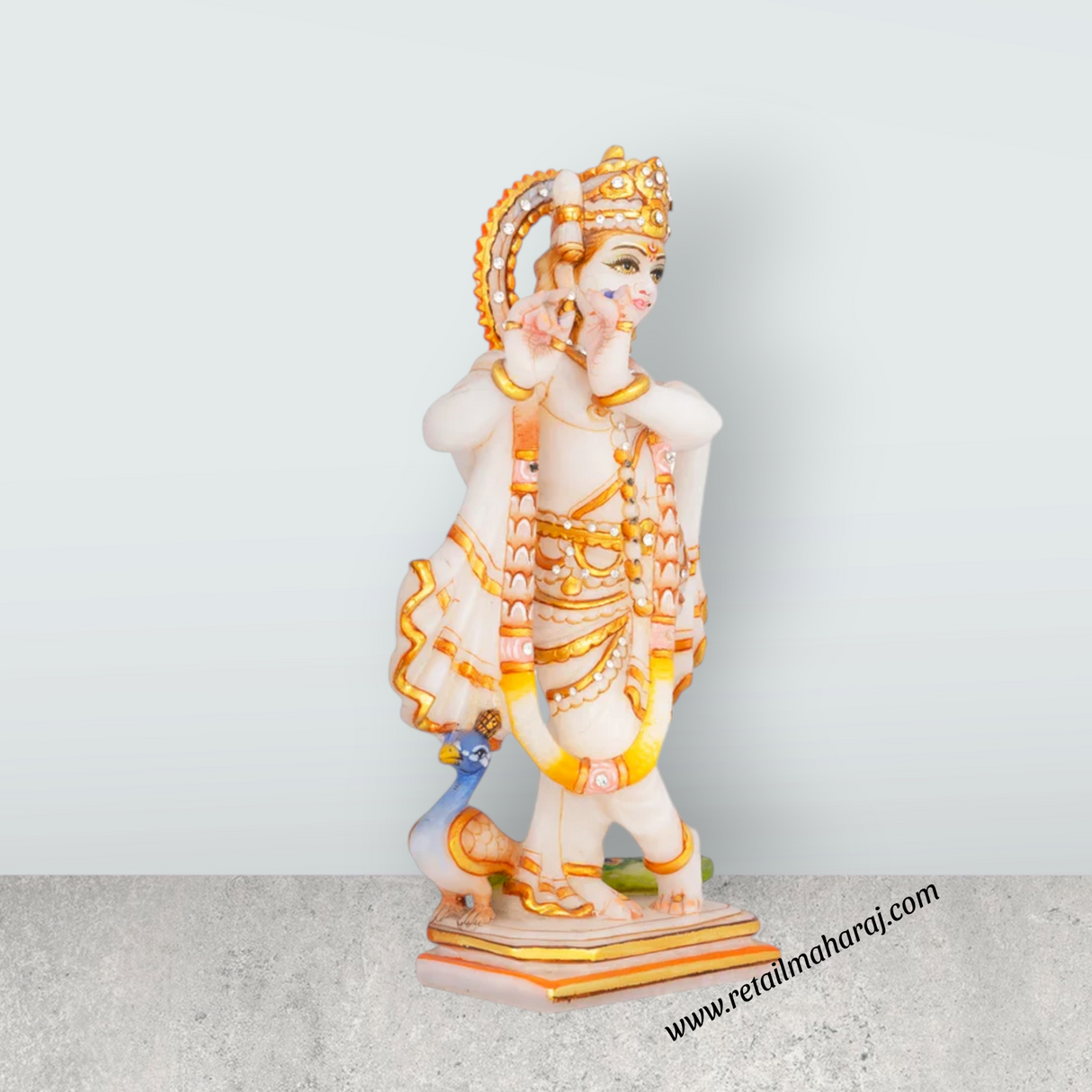 Lord Krishna Standing On Base Murti - 10 x 5 Inches | Painting Marble Idol / Krishna statue / Decor For Home & Pooja - Retail Maharaj