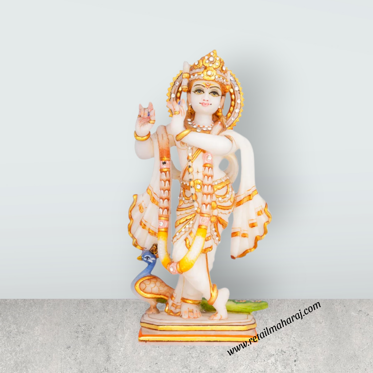 Lord Krishna Standing On Base Murti - 10 x 5 Inches | Painting Marble Idol / Krishna statue / Decor For Home & Pooja - Retail Maharaj