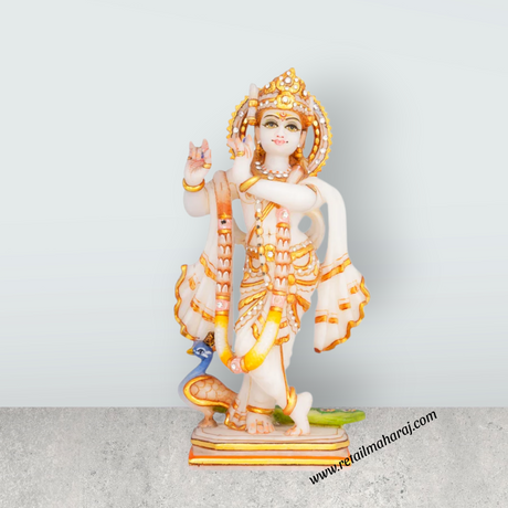 Lord Krishna Standing On Base Murti - 10 x 5 Inches | Painting Marble Idol / Krishna statue / Decor For Home & Pooja - Retail Maharaj